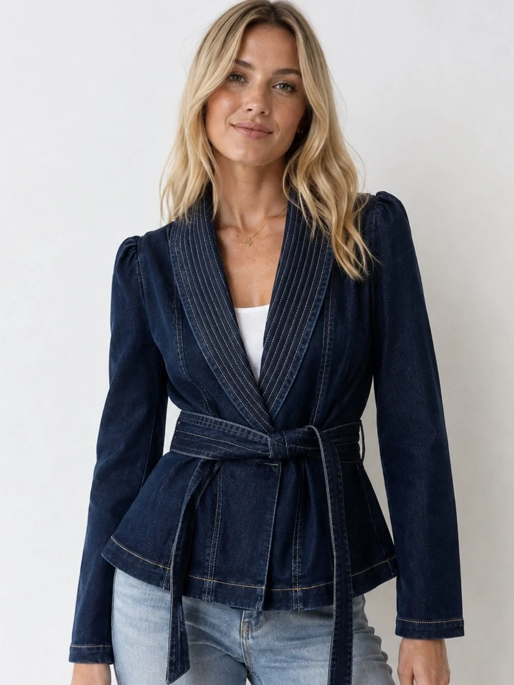 VENUS Dark Wash Denim Wrap Jacket Belted Blazer Size Small